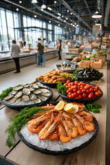 Row of tables with fresh seafood with oysters, prawns, and vegetables in modern market setting