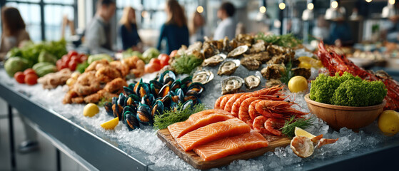 Assorted seafood display with salmon, shellfish, and fresh produce on ice at a market stall