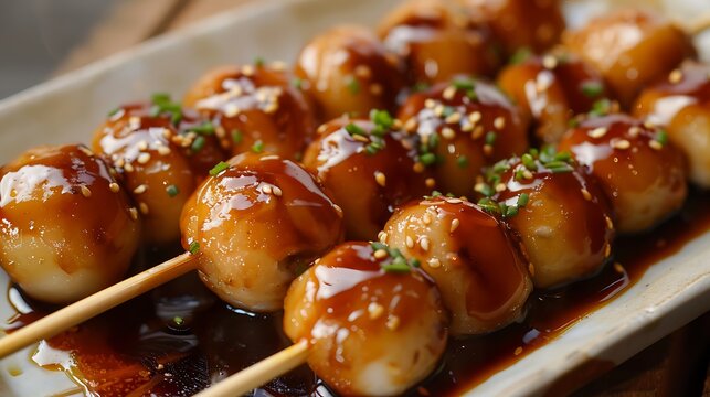 Close up of glazed dango skewers with sesame seeds on a dark plate ready to be served and enjoyed