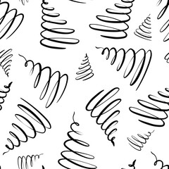 Obraz premium Seamless minimalist pattern with hand-drawn abstract Christmas trees or spirals in black on a white background.
