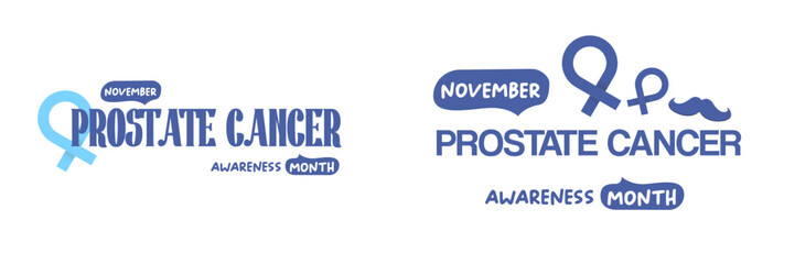 November Prostate cancer awareness month icon with blue ribbon icon isolated on white. Blue November is prostate cancer awareness month. November mens health month wide banner and label