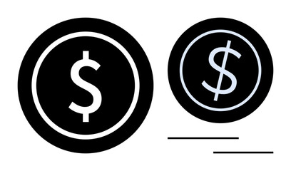 Two bold circular icons with dollar signs in black and white. Ideal for finance, economy, banking, wealth, trade, budgeting, and e-commerce. A simple flat metaphor