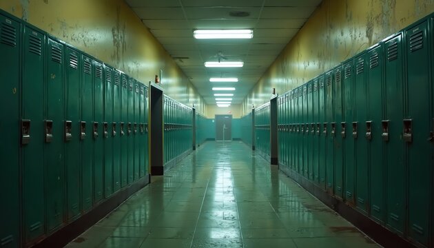 Long school corridor with dark green lockers lining both sides. Fluorescent lights illuminate the empty passage creating a nostalgic, eerie, abandoned atmosphere. The floor is wet and reflective.