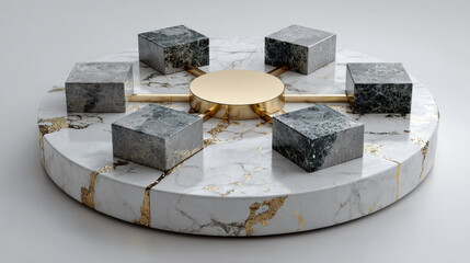 Circular arrangement of device slabs connected to a brass hub on white stone disc
