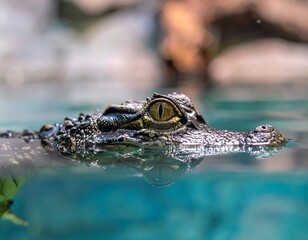 A close-up view of a reptile's head in water, showing eye and scales. Half submerged