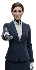 Naklejka premium Female AI virtual assistant offers business handshake partnership deal, symbolizing human-machine integration and business technology , PNG File