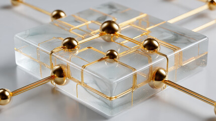 Bayesian network diagram with frosted nodes and brass arrows on white acrylic board
