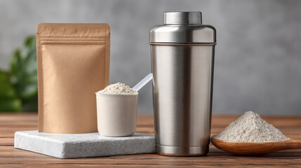 Protein shaker bottle with scoop and neutral pouch on white slab in studio