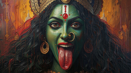 Oil Painting Showing The Face Of Goddess Maa Kali, Hindu Festival Kali Puja