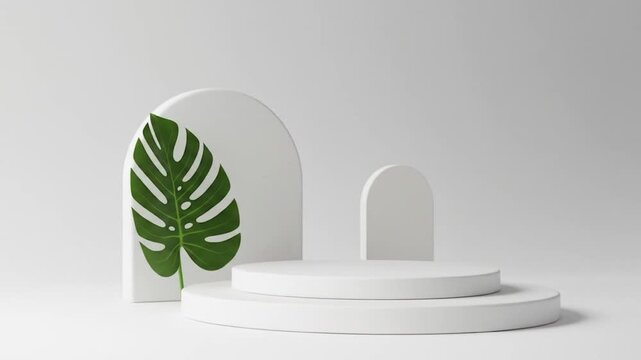 Minimalist white stage with arch shapes and a vibrant green monstera leaf