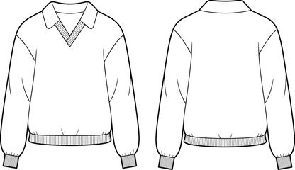 CAD drawing flat vector illustration of casual v-neck sweater with collar, women’s fashion pullover © Creative Rejia