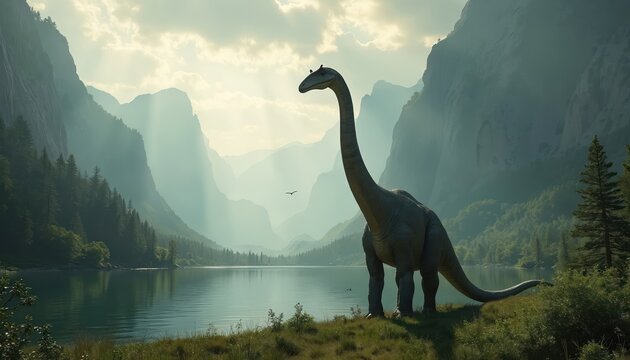 Brachiosaurus stands near tranquil lake. Mountain range backdrop enhances scenery. Digital illustration prehistoric nature. Bird flies across serene sky. Artistic render brings dinosaur era to life.
