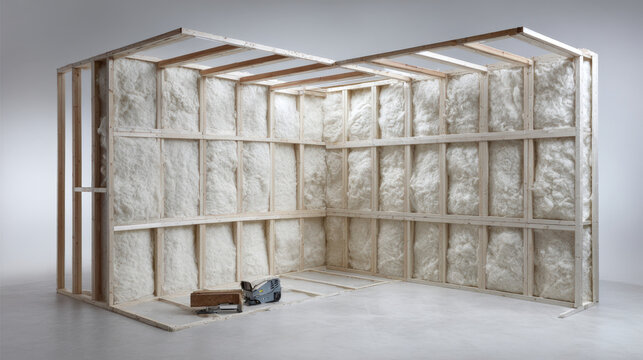 White stud frame wall with mineral wool insulation and tools in bright studio