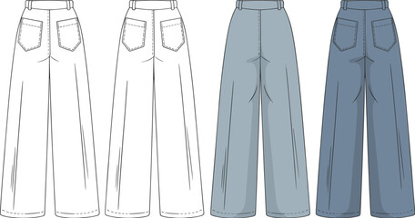 Cad drawing flat vector illustration, back view wide leg jeans, fashion pants template, technical sketch