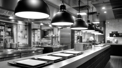 Stainless steel commercial kitchen expo line with heat lamps and order trays