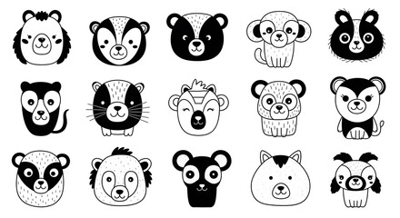 Fototapeta premium Cute Animal Faces Illustration Set: Bear, Badger, Monkey, Raccoon in Black and White Line Art for Children's Designs, T-shirts, Greeting Cards and Invitations Featuring Kawaii Style