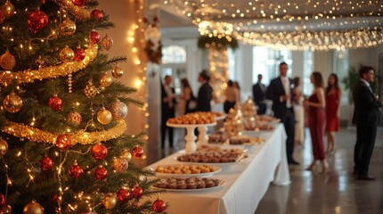 Fototapeta premium Luxury Christmas reception with decorated tree, festive desserts and golden lights, elegant holiday event with guests celebrating in warm joyful atmosphere