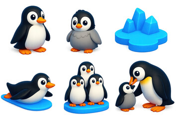 Naklejka premium Penguin Life Icons. 3D icon set of penguin life: waddling penguin, fluffy chick, icy terrain, penguin colony, sliding on belly,