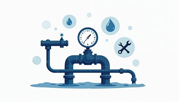 Illustration shows plumbing system with gauge water drops and wrench symbol. Image represents maintenance repair of water pipes inspection leak detection with tech.