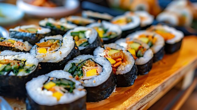 Close up of assorted kimbap rolls with sesame seeds on a wooden board ready to be served and eaten