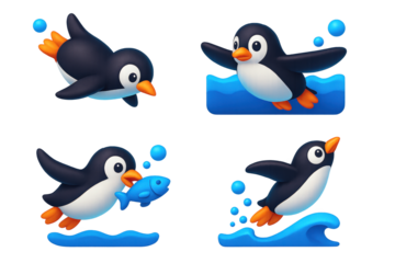 Underwater Penguin Icons. 3D icon set of underwater penguin actions: penguin diving, wings spread in water, catching fish,