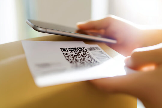 Hands-only close-up scanning a generic QR code on a smartphone over a shipping label, barcode in crisp focus, neutral background, shallow depth of field, bright natural window light, vertical composit - Powered by Adobe