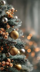 Evergreen tree with glitter ornaments and amber lights