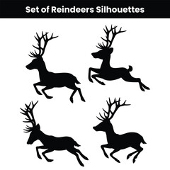 Set of reindeer cartoon silhouettes isolated on white background showing cute festive holiday characters perfect for Christmas design winter illustration and vector artwork projects