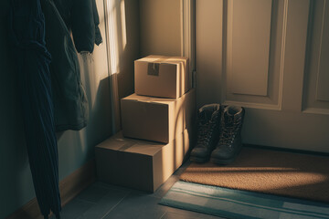 Fototapeta premium Cozy hallway scene with a cluster of plain delivered boxes by a door, doormat and winter boots nearby, soft morning light, lifestyle storytelling, space for copy on wall
