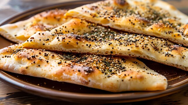 Close up shot of flatbread with herbs and seeds on a wooden plate ready to be served on the table