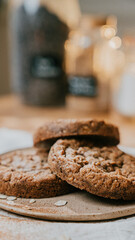 Three cookies are stacked on top of each other on a plate