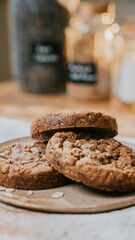Three cookies are stacked on top of each other on a wooden plate