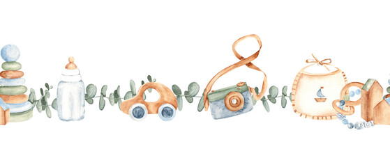 Watercolor baby boy seamless border, pattern with wooden car, bottle, photo camera, bib, toys and eucalyptus branches. Hand painted nursery design, for baby shower card or invitation.