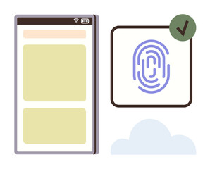 Smartphone interface beside fingerprint authentication icon with checkmark. Ideal for security, biometrics, privacy, identity verification, secure access, technology, authentication concepts. Simple