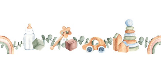 Watercolor baby toys seamless border, pattern with car, milk bottle, rattle, stacking toy, rainbow and eucalyptus branches. Hand painted nursery design for baby shower cards or invitations.