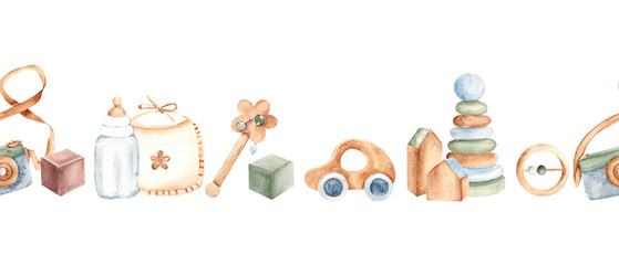 Watercolor baby toys seamless pattern, border with camera, bib, rattle, car and pyramid. Hand drawn wooden elements for nursery or baby shower card, invitation.