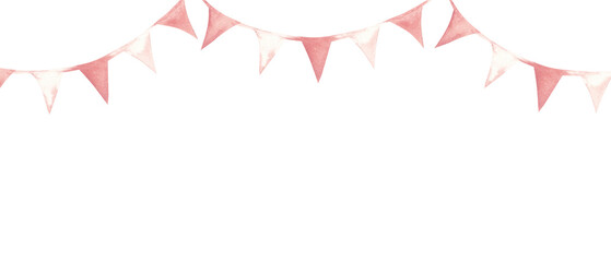 Watercolor pink bunting garland frame, border. Hand painted baby shower, birthday decoration for girl party, nursery wall print or invitation, cards, templates background.