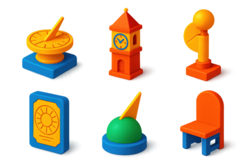 3D Icon Historical Observatories. 3D icon set of historical observatories: rooftop sundial, ancient clock tower, sun tracking