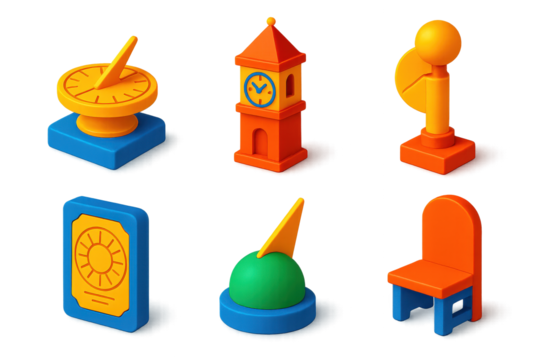 3D Icon Historical Observatories. 3D icon set of historical observatories: rooftop sundial, ancient clock tower, sun tracking