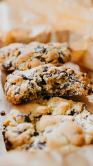 Three chocolate chip cookies are sitting on a piece of paper