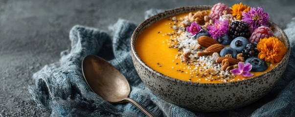 Colorful smoothie bowl topped with vibrant fruits, nuts, and edible flowers