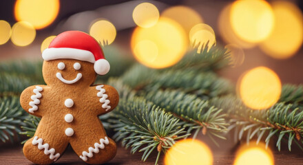 Smiling gingerbread man cookie with a Santa hat and pine brancheswith golden Christmas bokeh.