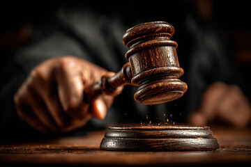 Dramatic Judge Hitting Gavel Making Final Decision Close Up Law Justice Authority and Auction Concept