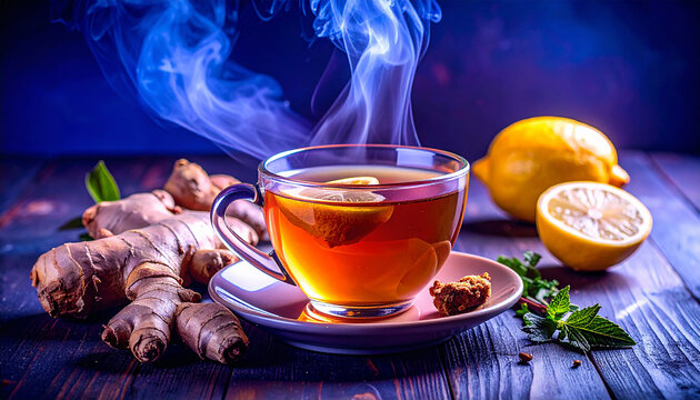 Immune boosting hot herbal drink with fresh ginger, lemon, and steam.
