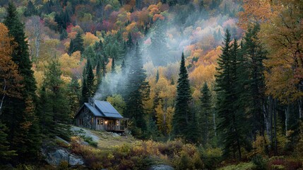 Cozy cabin retreat nestled in vibrant autumn foliage, perfect for tranquil getaways and serene nature escapes into the colorful woods