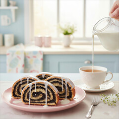 Delicious poppy seed roll cake slices with cream pouring into tea