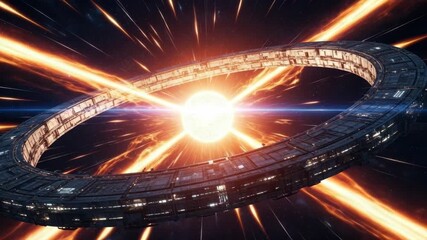 Dynamic space ring orbiting fiery cosmic explosion with radiant energy bursts - Powered by Adobe