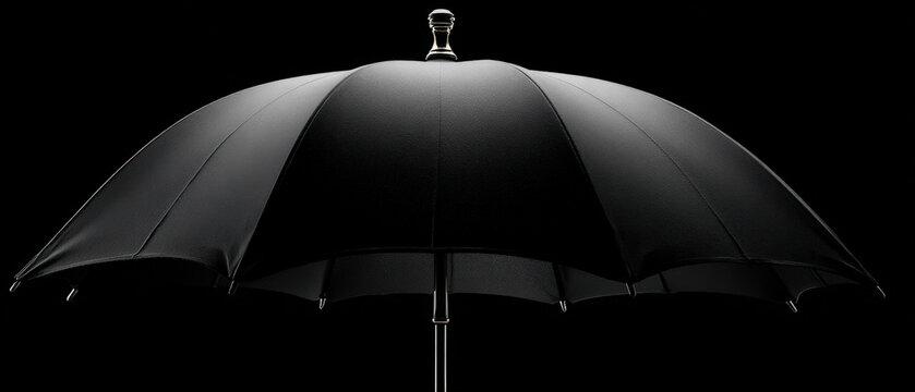 Elegant black umbrella with highlighted ribs and ferrule tip on dark background