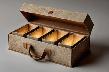 Kraft gable box prototype with locking tabs on a tidy tabletop in warm soft light