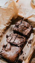 A box of brownies sits on a brown paper bag